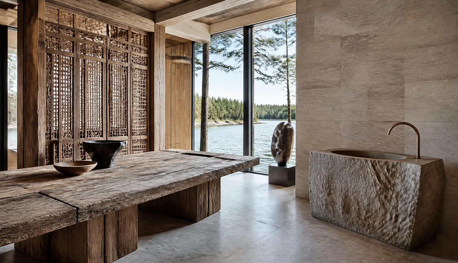 Monumental reclaimed timber table, carved screen, stone sink and metal sculpture